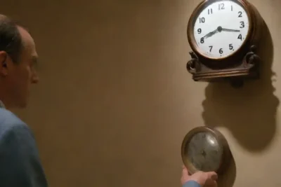 Persona que examina el arte en un museo con un reloj que indica horas libres.