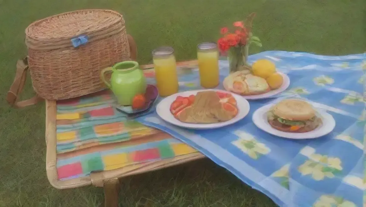 Un picnic alegre en un prado verde con comida, risas y juegos