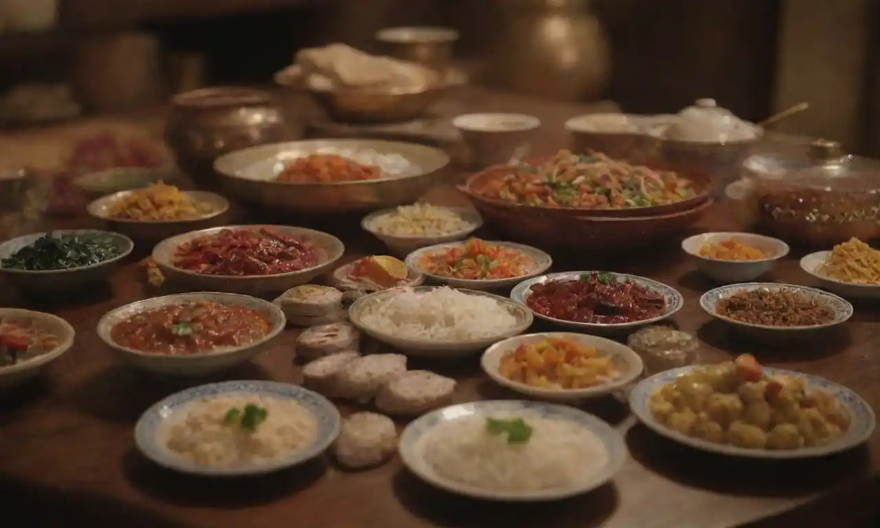 Una vibrante propagación de platos tradicionales con artefactos culturales e historias exhibidas cerca.
