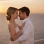 Pareja en una cubierta de cruceros de lujo celebrando su aniversario con un fondo de puesta de sol.