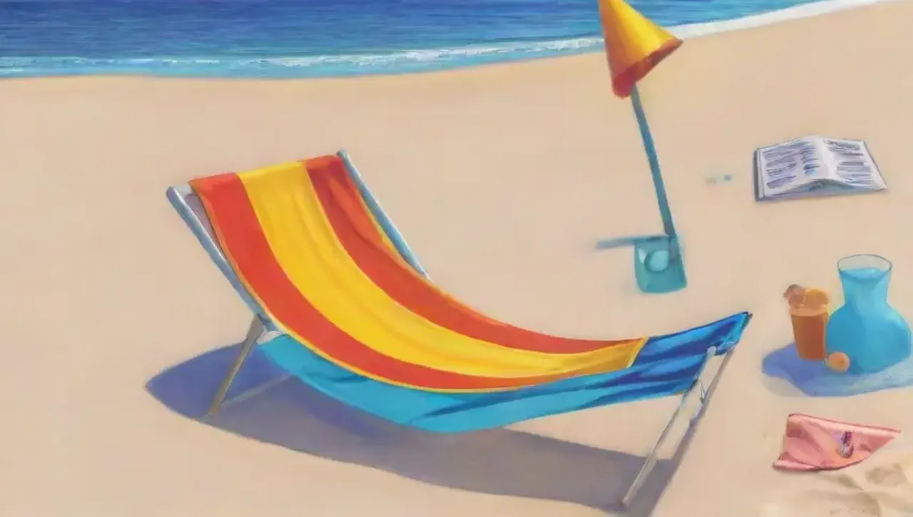Una escena de playa serena llena de elementos de viaje y aventura