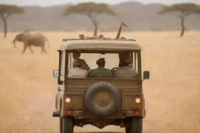 Los turistas que observan vida silvestre desde una distancia segura en un vehículo safari.