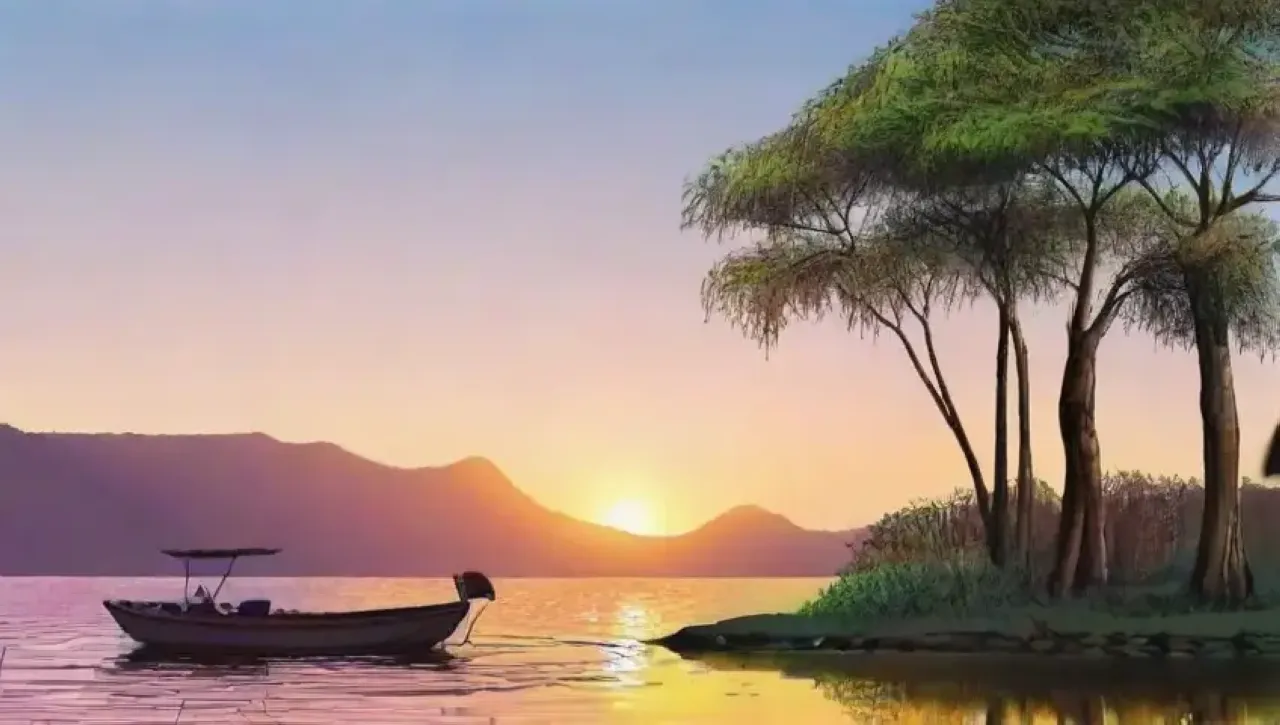 Un atardecer vibrante junto a un río, con elefantes, cocodrilos y una atmósfera de aventura