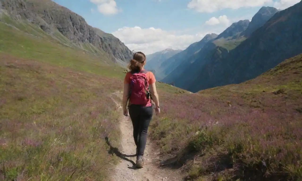 Una persona alegremente senderismo en un paisaje vibrante