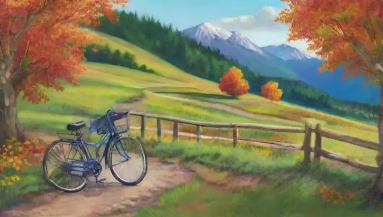 Naturaleza exuberante con montañas, senderos, flores, lagos y ciclistas