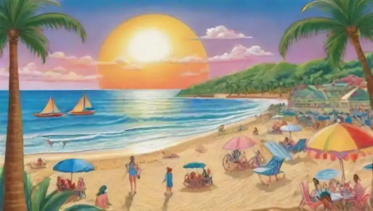 Escena vibrante de playa con familias, risas, sol, y momentos felices