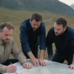 Rutas y soluciones de planificación de equipos logísticos en un mapa rodeado de paisajes remotos.