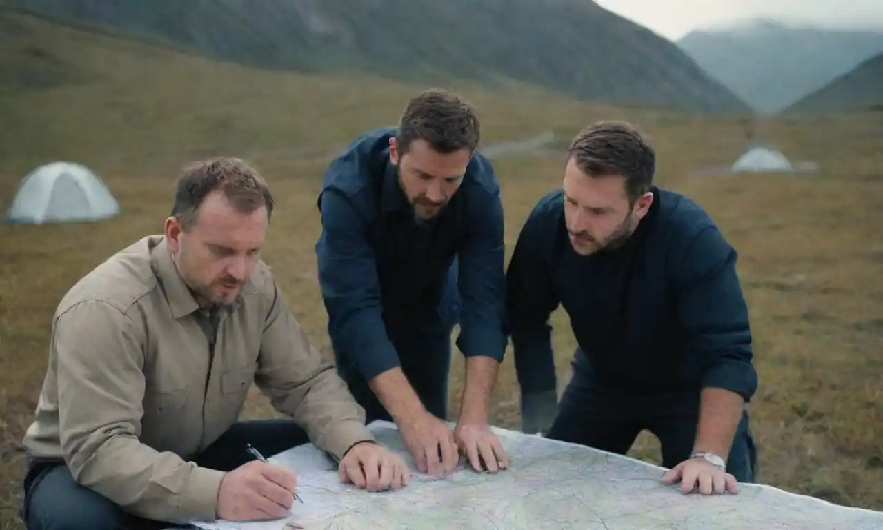 Rutas y soluciones de planificación de equipos logísticos en un mapa rodeado de paisajes remotos.