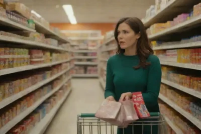 Persona revisando guías de compras en línea con productos variados alrededor.