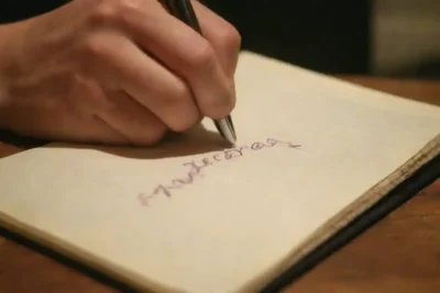 Una persona probando un pelo mientras nuevo toma notas en un cuaderno.