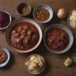 Platos rurales tradicionales bien presentados en una mesa de madera rústica.