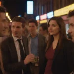 Grupo de amigos discutiendo opciones frente a lugares de vida nocturna vibrantes.