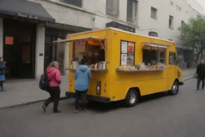Un colorido food truck lleno de clientes disfrutando de diversas comidas en una bulliciosa calle de la ciudad.