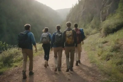 Un mentor que guía a un grupo de aventureros en un sendero escénico al aire libre.
