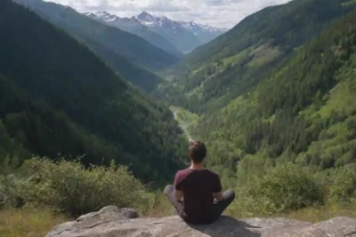 Persona relajante en un paisaje sereno de montaña