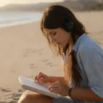 Persona creando una lista de canciones en un dispositivo mientras disfruta de la playa.
