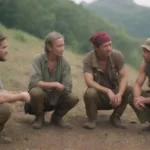 Un grupo de aventureros discutiendo la conservación y el respeto de las culturas locales en un entorno natural.
