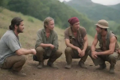 Un grupo de aventureros discutiendo la conservación y el respeto de las culturas locales en un entorno natural.