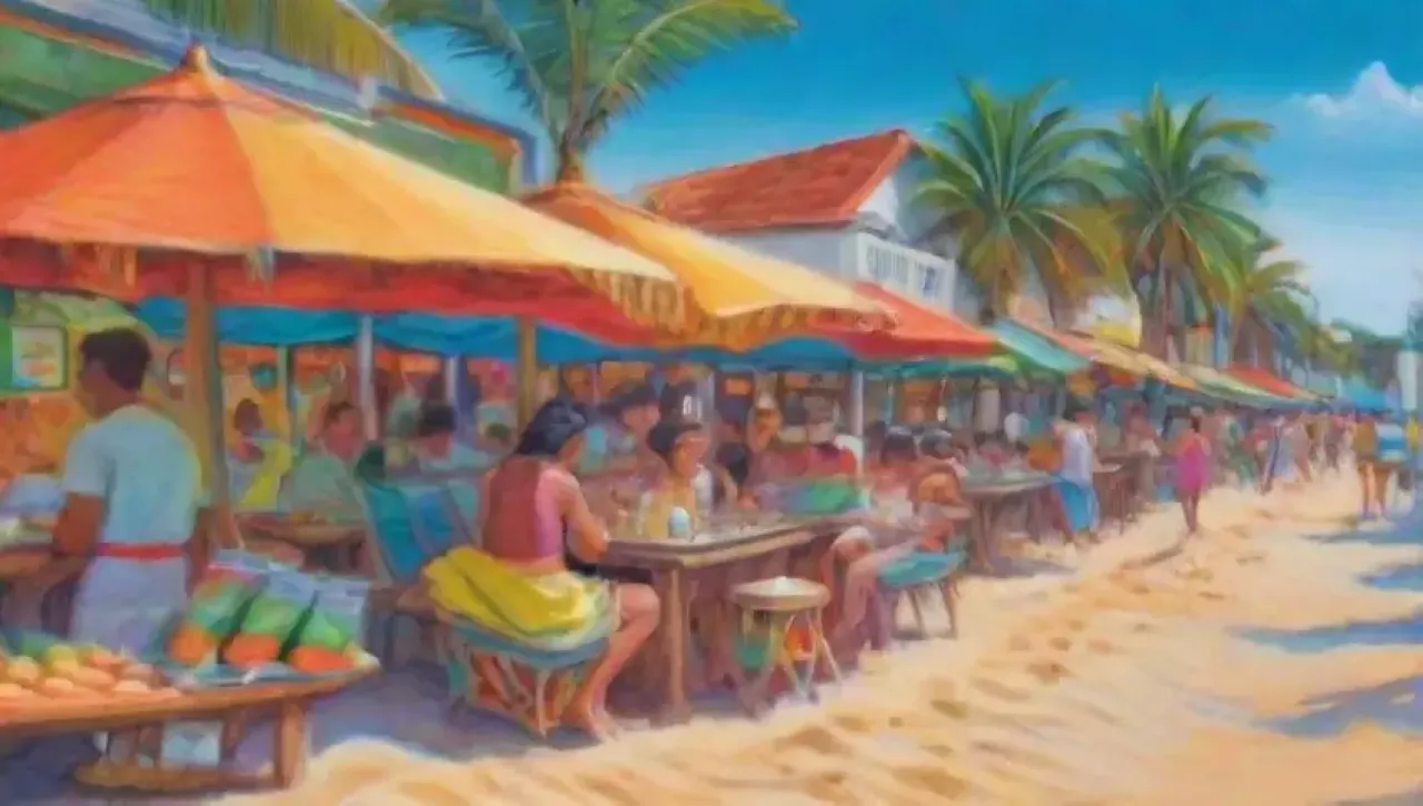 Playa tropical vibrante con arena dorada, palmeras, agua turquesa, risas, mercados, comida y arte callejero