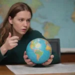 Un viajero que evalúa su huella ecológica con gráficos y un globo en el fondo.