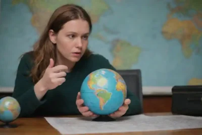 Un viajero que evalúa su huella ecológica con gráficos y un globo en el fondo.