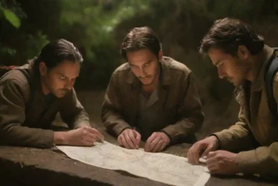 Grupo de exploradores revisando mapas y preparativos en un entorno natural.