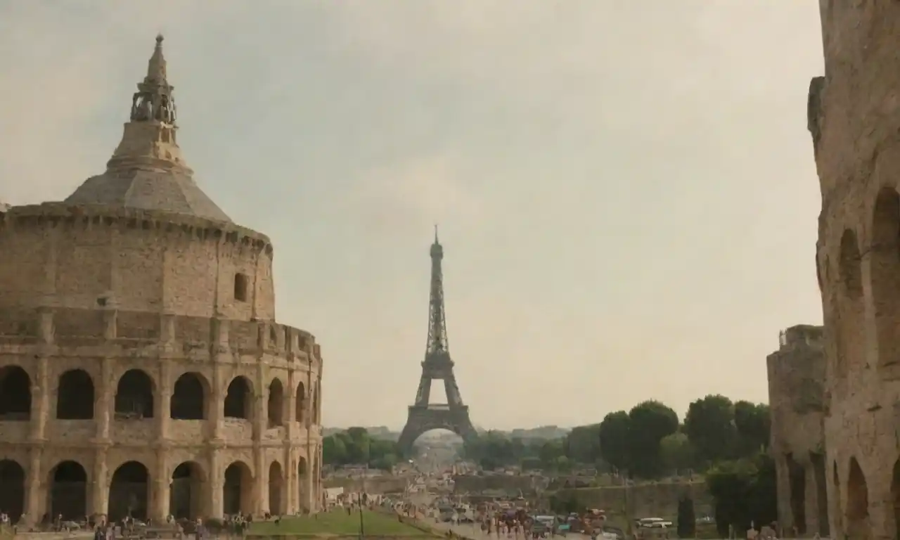 Famosos monumentos como la Torre Eiffel y Coliseo rodeados de artistas que pintan y dibujan.