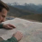 Un investigador que examina un mapa topográfico de montañas con notas y palabras clave dispersas.