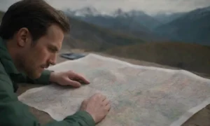 Un investigador que examina un mapa topográfico de montañas con notas y palabras clave dispersas.