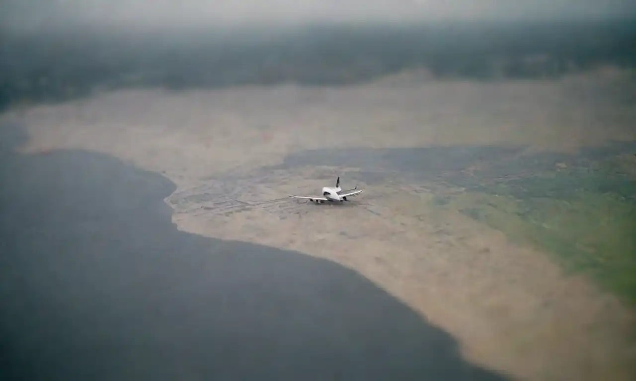 Pasajeros revisando un mapa y ajustando planos en el puerto mientras llueve.