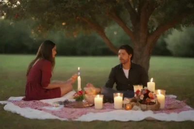 Pareja sentada en un picnic romántico bajo un árbol