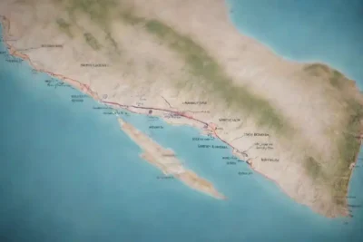 Un mapa que destaca varias ubicaciones de playa con una línea de tiempo para visitar cada uno en un día.
