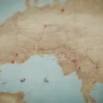 Mapa que muestra rutas de viaje cambiadas con símbolos de conflicto y hitos históricos.