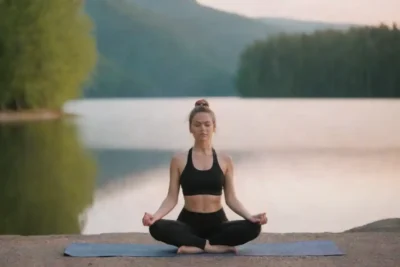 Serene al aire libre con una persona practicando yoga cerca de un lago tranquilo.