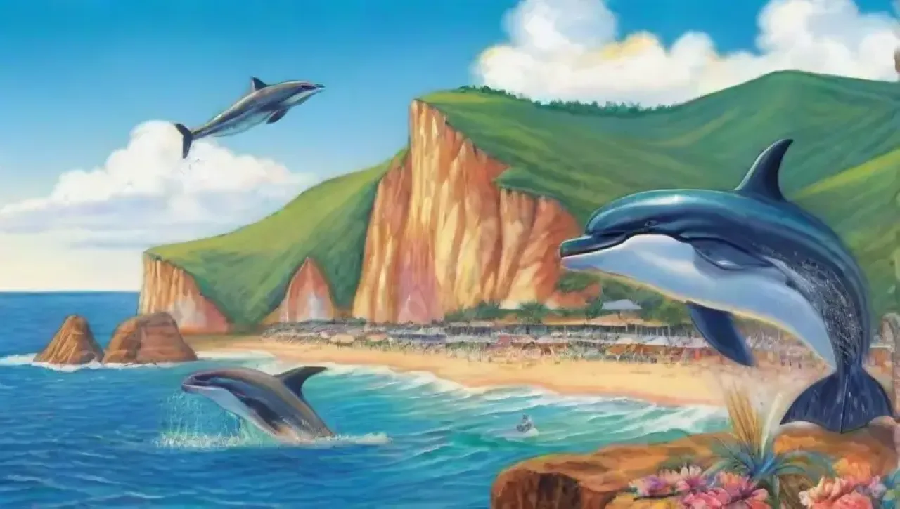 Un paraíso costero con océano azul, ballenas, playas doradas y turistas felices