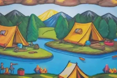 Un grupo diverso de aventureros disfruta de la naturaleza en un campamento vibrante