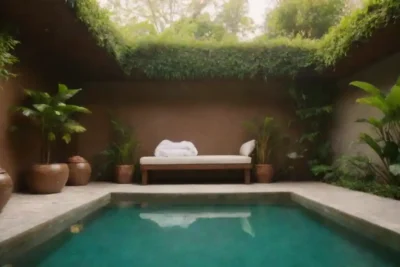 Un spa de lujo sereno rodeado de exuberante vegetación y características ecológicas.
