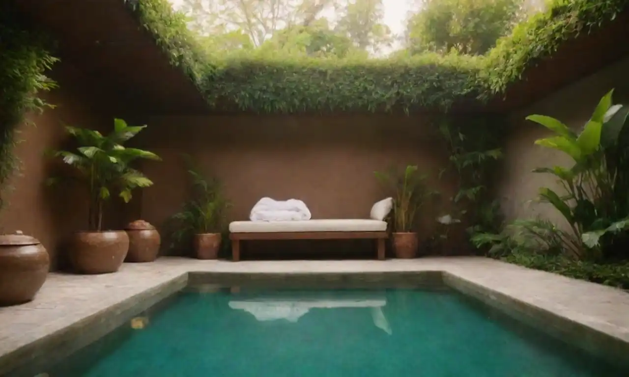 Un spa de lujo sereno rodeado de exuberante vegetación y características ecológicas.