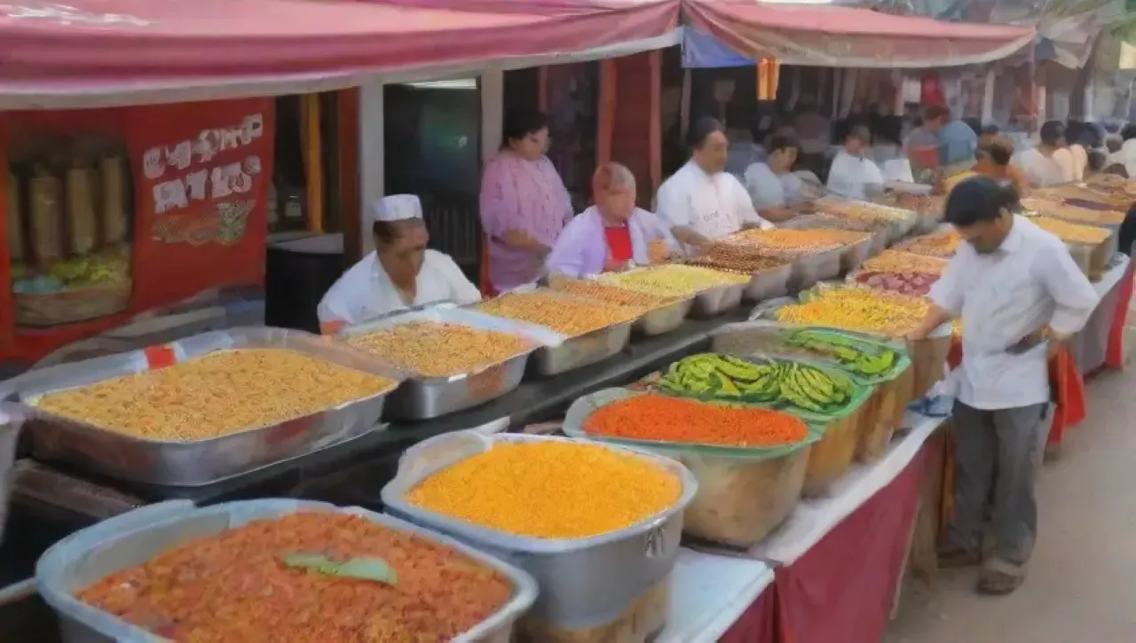 Un bullicioso mercado de comida callejera lleno de colores, aromas y sabores diversos
