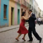 Parejas bailando tango en una calle adoquinada en Buenos Aires