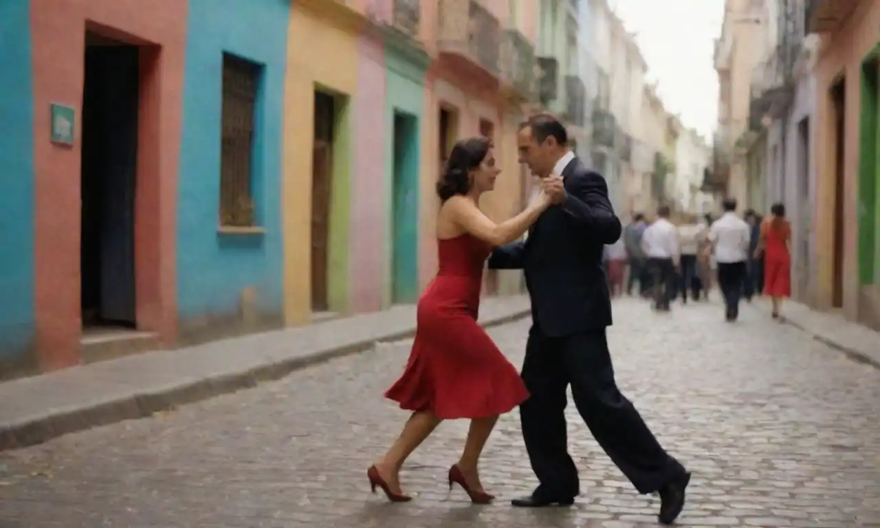 Parejas bailando tango en una calle adoquinada en Buenos Aires