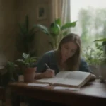 Persona mirando documentales de la naturaleza y libros rodeados de plantas.