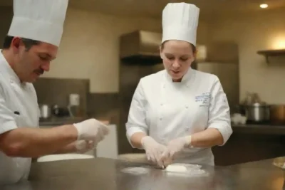 Chef y personal practicando medidas de higiene como lavar las manos y llevar guantes en una cocina restaurante.