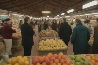 La gente compra en un mercado local