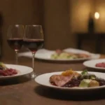Placas de alimentos emparejados con vinos e ingredientes complementarios elegantemente mostrados en una mesa.