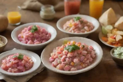 Una colorida extensión de ceviche y platos tradicionales de montaña en una mesa rústica.