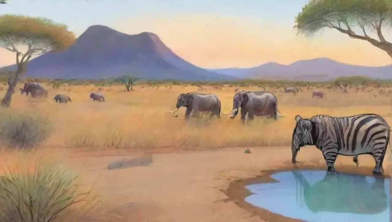 Un paisaje de sabana vibrante con elefantes, leones y naturaleza en armonía