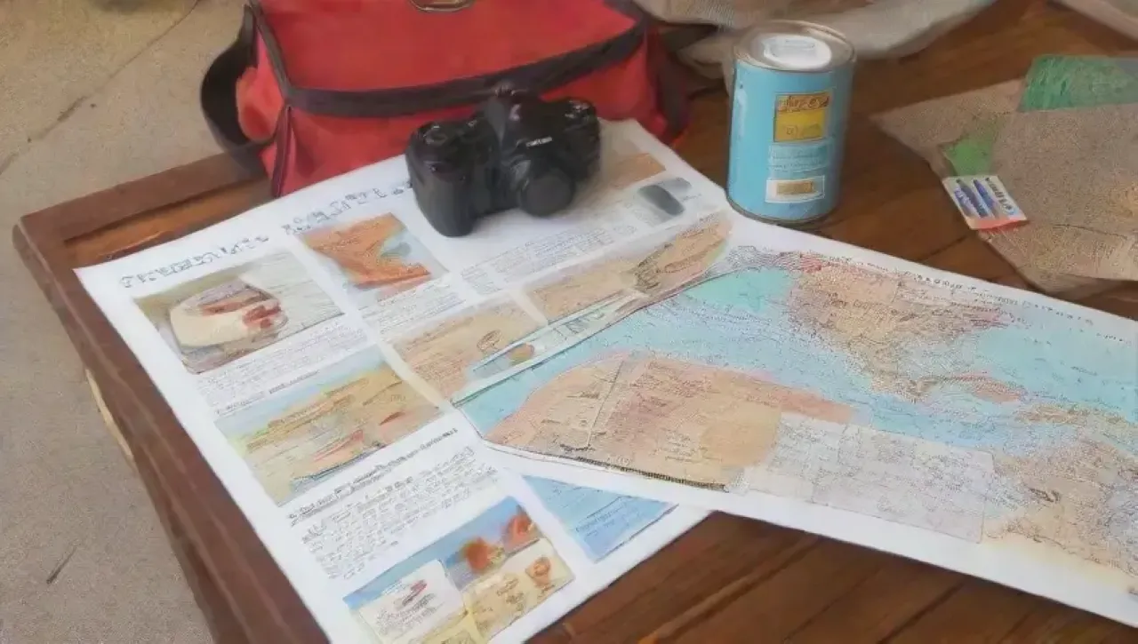 Un collage de recuerdos y elementos de viaje vibrantes y diversos