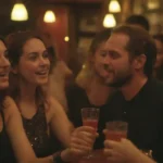 Grupo de personas socializando en un bar con luces acogedoras y música en vivo.
