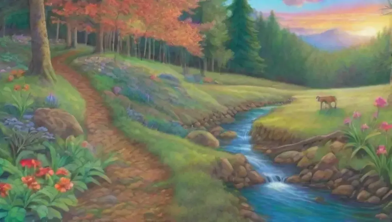 Un bosque verde y vibrante con luz del sol, flores, un arroyo, animales y un atardecer tranquilo
